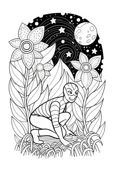 A coloring page of Miles Morales in the Cosmic Garden Coloring Page