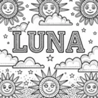 LUNA Coloring Page with Happy Suns and Stars