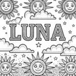 LUNA Coloring Page with Happy Suns and Stars