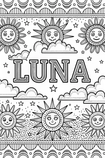 A coloring page of LUNA Coloring Page with Happy Suns and Stars