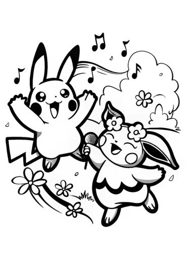 A coloring page of Pikachu and Eevee Dance Party Coloring Page