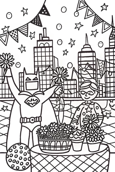 A coloring page of Batman Rooftop Garden Party Coloring Page