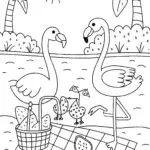 Flamingo Family Picnic Coloring Page