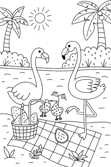 A coloring page of Flamingo Family Picnic Coloring Page