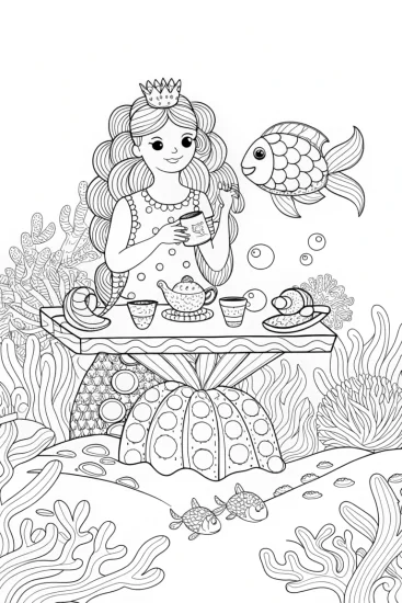 A coloring page of Mermaid Tea Party Coloring Page