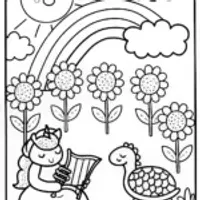 Rainbow Unicorn and Turtle Musical Coloring Page