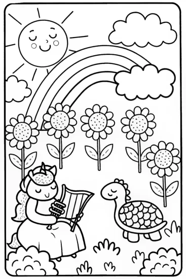 A coloring page of Rainbow Unicorn and Turtle Musical Coloring Page