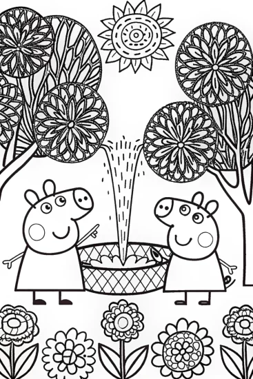 A coloring page of Peppa Pig in a magical garden quest