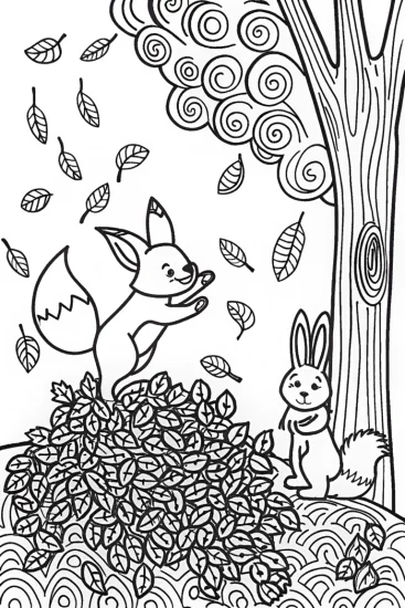 A coloring page of Fox and Rabbit in Leaves