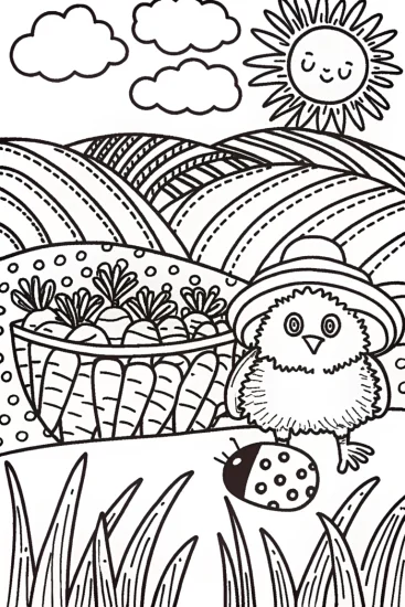 A coloring page of Chick’s Gardening Adventure Coloring Page