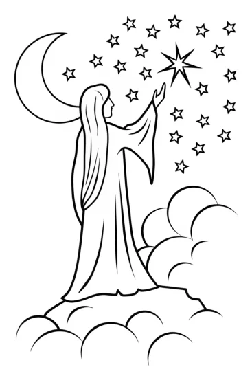 A coloring page of The Sorceress’s Starry Spell Coloring Page