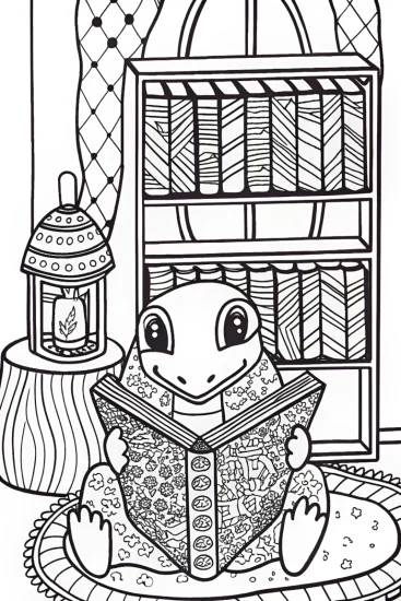 A coloring page of Charmander’s Cozy Book Nook Coloring Page