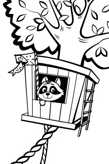 A coloring page of Raccoon in a Treehouse Coloring Page