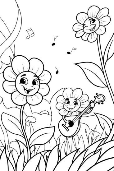 A coloring page of Whimsical Flower Musicians Coloring Page