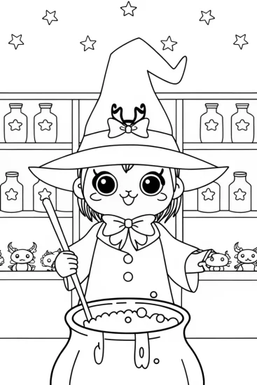 A coloring page of Kuromi’s Enchanted Potion Lab Coloring Page
