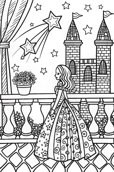 A coloring page of The Princess and the Starry Night Coloring Page