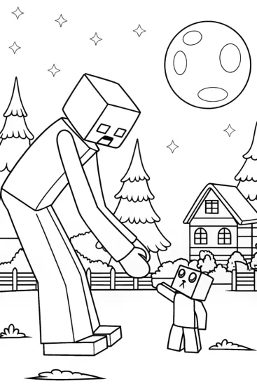 A coloring page of Enderman and Kitten Coloring Page