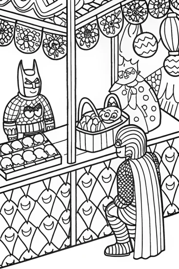 A coloring page of Batman in the Enchanted Marketplace Coloring Page