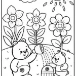 Care Bears in a vibrant flower paradise coloring page