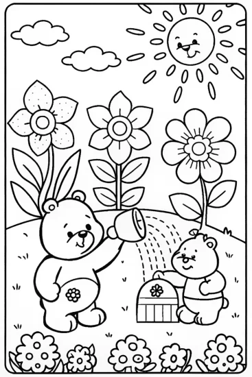 A coloring page of Care Bears in a vibrant flower paradise coloring page