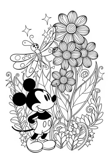 A coloring page of Mickey Mouse’s Enchanted Garden Adventure Coloring Page