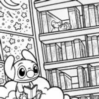 Stitch’s Galactic Library Adventure Coloring Page