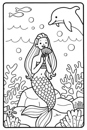 A coloring page of Mermaid and the Singing Seashell Coloring Page