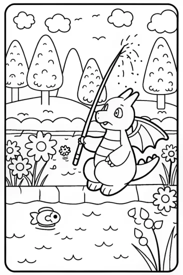 A coloring page of Charizard’s Fishing Adventure Coloring Page