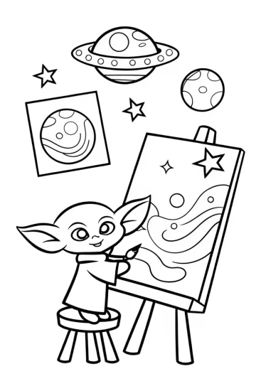 A coloring page of Baby Yoda’s Cosmic Art Studio Coloring Page
