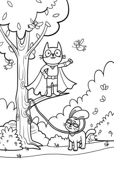 A coloring page of Superhero Cat and Dog Rescue Coloring Page