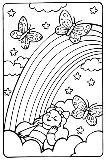 A coloring page of dreaming on a fluffy cloud with a rainbow
