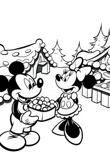 A coloring page of Mickey Mouse Christmas Market Adventure Coloring Page