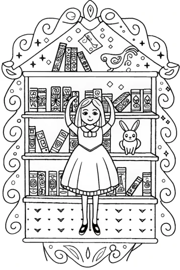 A coloring page of Alice’s Enchanted Bookshop Coloring Page
