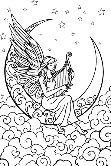 A coloring page of Fairy on Crescent Moon Coloring Page