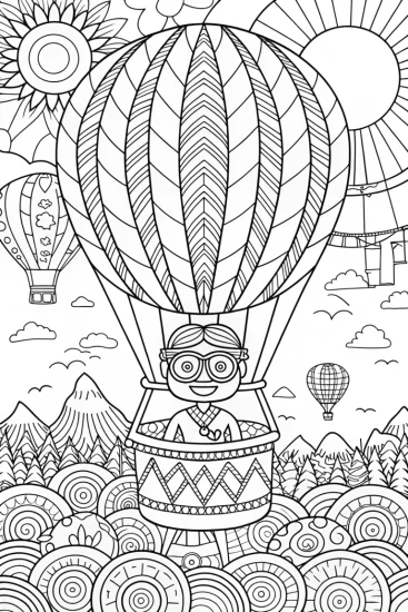 A coloring page of Blippi’s Colorful Hot Air Balloon Adventure