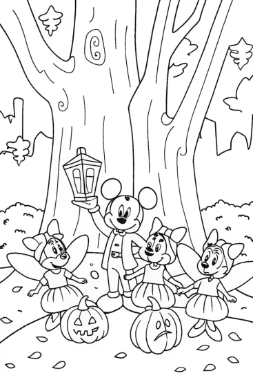 A coloring page of Mickey Mouse’s Enchanted Halloween Forest Coloring Page