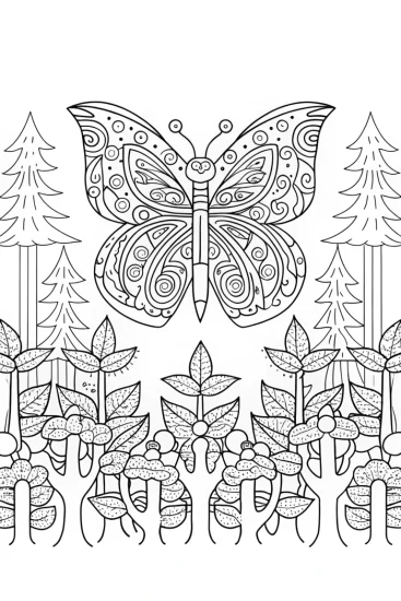 A coloring page of Butterfly Adventure in the Forest Canopy
