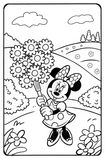 A coloring page of Minnie Mouse and the Enchanted Paintbrush Coloring Page