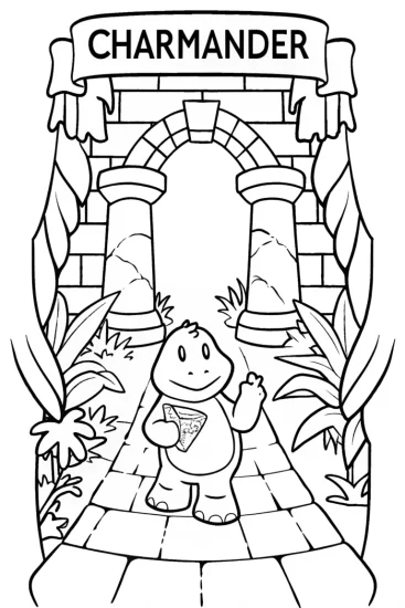 A coloring page of Charmander’s Jungle Quest for Treasure