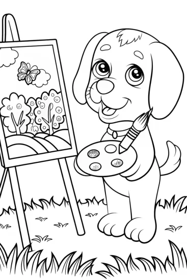 A coloring page of Puppy Painter in Nature Coloring Page