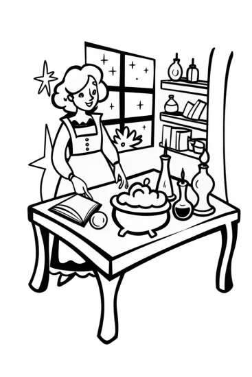 A coloring page of Barbie’s Enchanted Potion Workshop Coloring Page