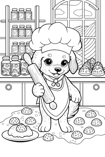 A coloring page of Puppy Chef at the Bake-Off Coloring Page