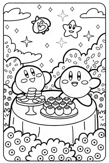 A coloring page of Kirby’s Galactic Garden Party Coloring Page