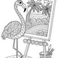 Flamingo Artist at the Beach Coloring Page