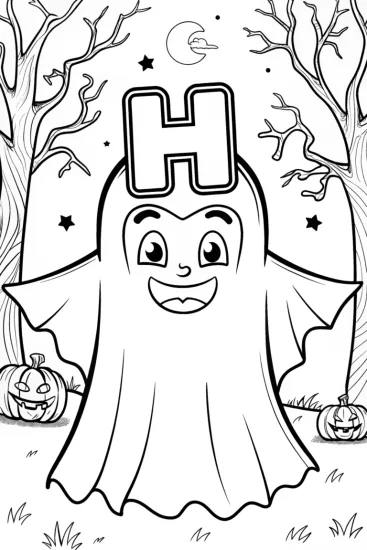 A coloring page of The Adventurous Letter ‘H’ in the Haunted Forest