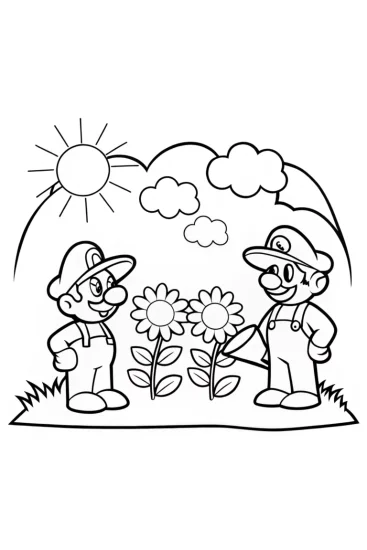 A coloring page of Mario and Luigi’s Gardening Adventure Coloring Page