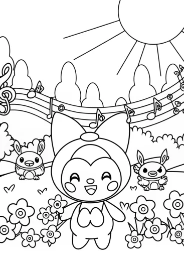 A coloring page of Kuromi’s Magical Music Garden Coloring Page