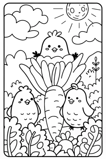 A coloring page of Chickens in a Garden of Dreams Coloring Page