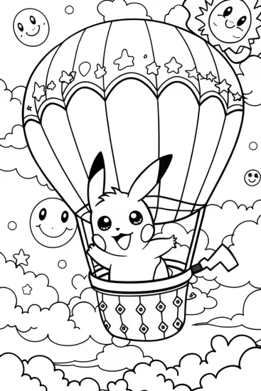 A coloring page of Pikachu’s Enchanted Balloon Ride Coloring Page