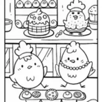 Chickens in a Cozy Bakery Coloring Page